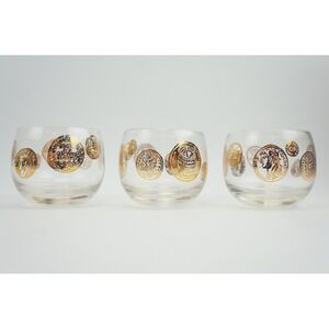 Vintage Federal Glass Roma Coin Gold Lowball Roly Poly Glasses Set of 3 EUC
